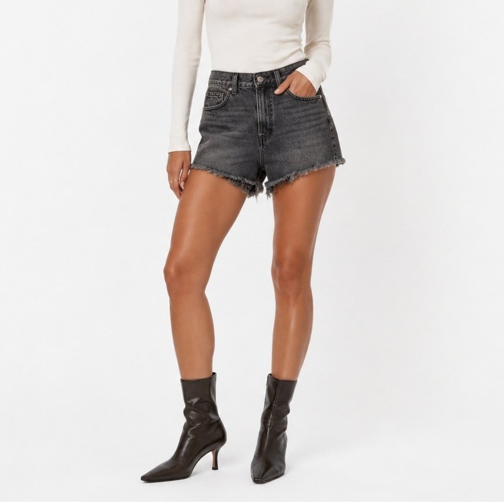 Cello High Rise Frayed Raw Hem Denim Jean Shorts Faded Black Grunge Size S